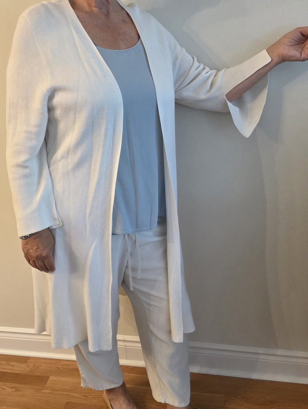 Eileen Fisher White Open Drape Long Cardigan with Bell Sleeves